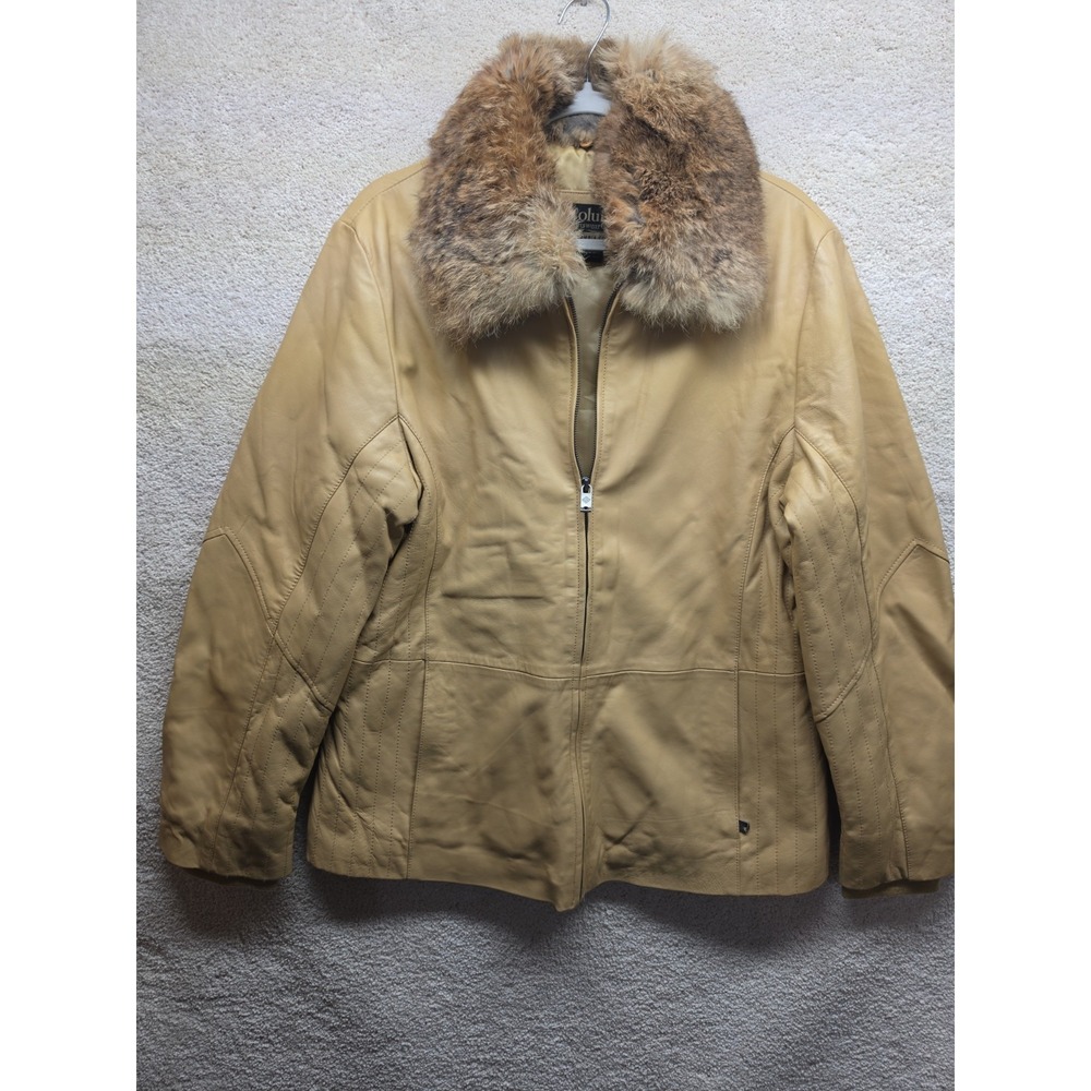 Columbia Leather Coat Tan Women's Size XL Large Fur Collar Full Zip Vintage